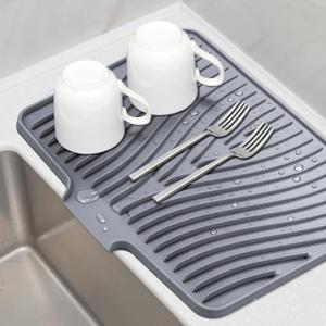 Silicone Dish Drying Mat, Stone Drying Mat for Kitchen Counter with Built-In Drain, Non-Slip Drain Pad with Built-in Drain, Heat Resistant Stone Drying Mat, 1Pcs 19.7" x 15", Grey