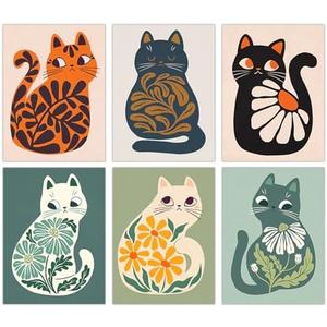 FEOFTIE Cat Wall Art Neutral Boho Poster Plants Retro Animal Pictures Print Green Posters Mid Century Printing Colorful Cat Art Vintage Orange Bedroom Bathroom 24x16 Inch Set of 3