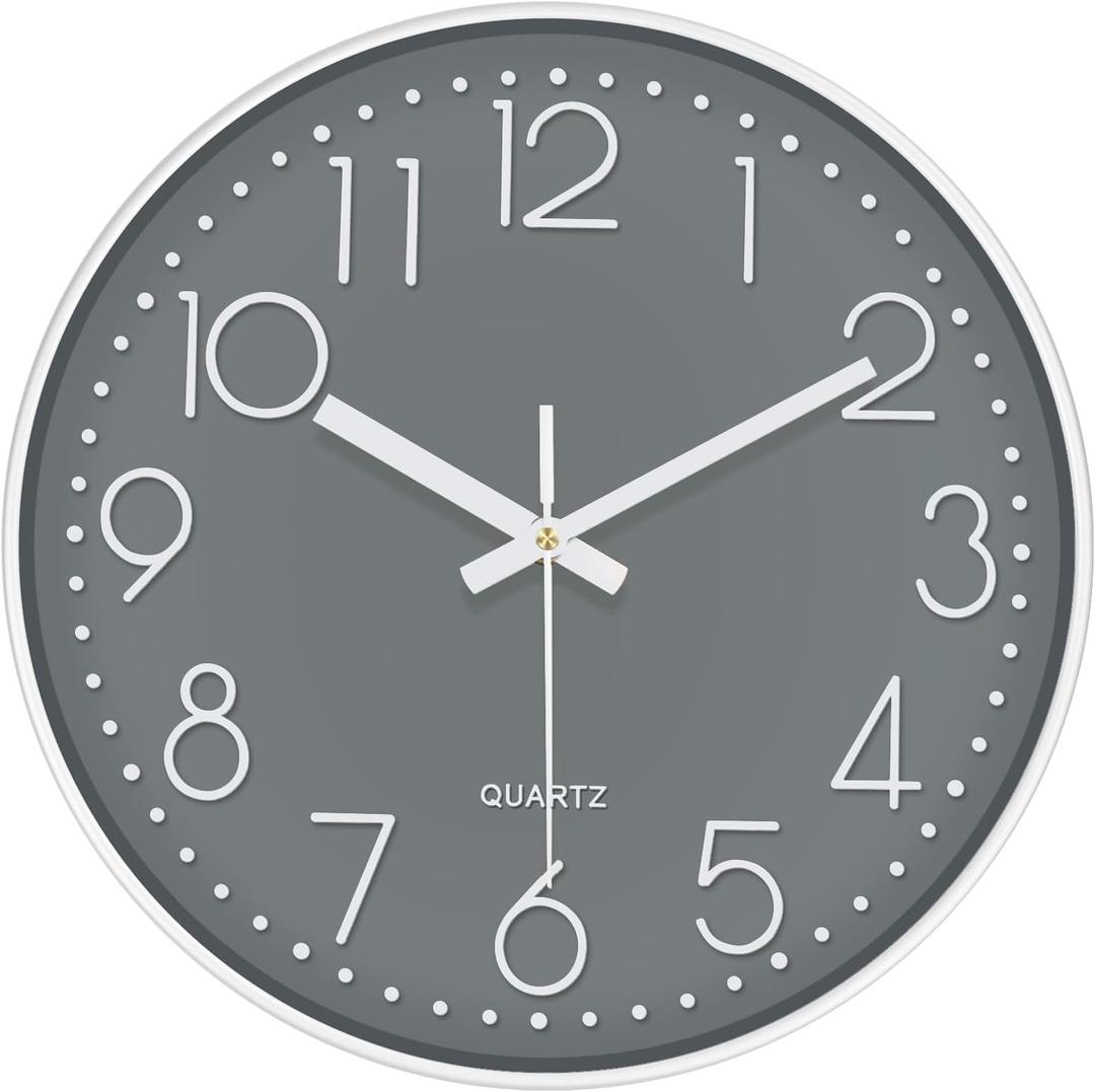 Modern Silent Wall Clock - 12 Inch Wall Clocks Battery Operated Large Number, Non-Ticking Analog Clock with Tempered Glass Quartz Clocks for Living Room Bedroom Office Kitchen, Grey (Gray)