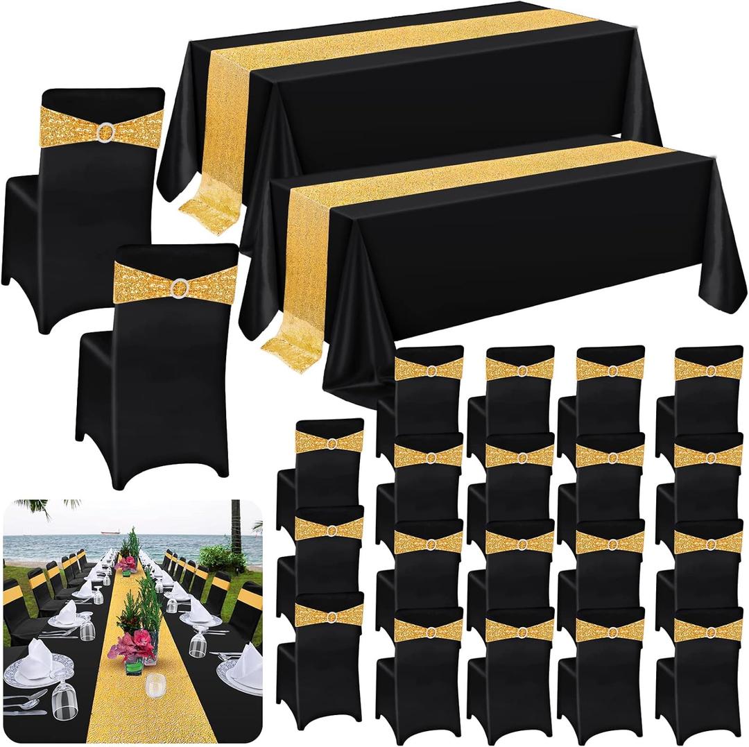 Newwiee 44 Pcs Tablecloth Chair Covers Chair Sashes Set, Spandex Chair Covers Sequin Chair Sashes Satin Table Runner for Wedding Hotel Banquet Party (Black and Gold)