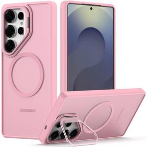 Nvollnoe for Samsung S25 Ultra Case Compatible with MagSafe Military Grade Shockproof Heavy Duty Protective Adjustable Kickstand Matte Semi Clear Phone Cover for Samsung S25 Ultra(Pink)