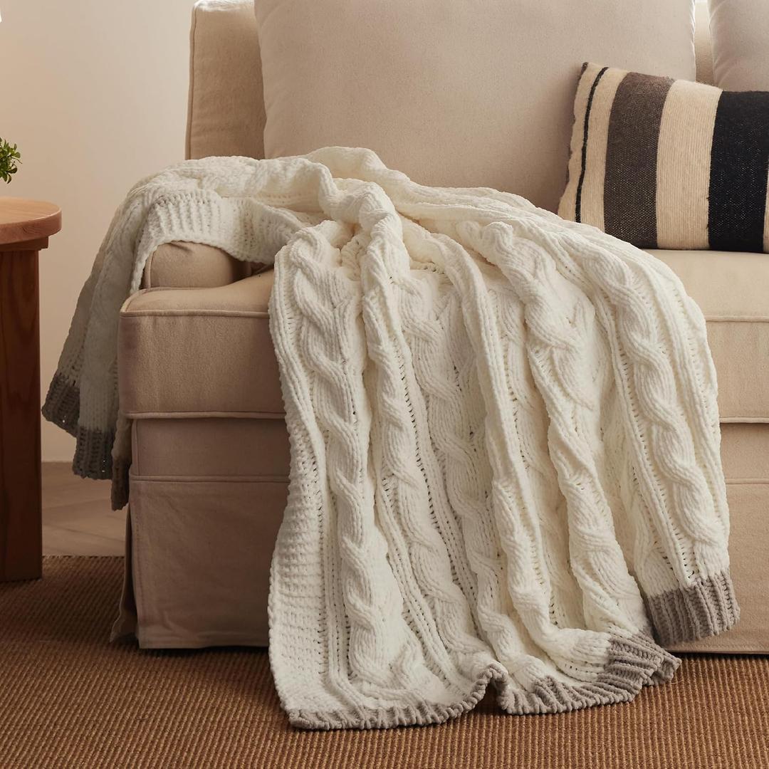 Bedsure Cable Knit Twin Blanket for Couch Bed - Breathable Chenille Chunky Knit Twin Blanket for Decorative Gift, GentleSoft Cozy and Warm for Winter and All Seasons, Cream, 60x80 Inches