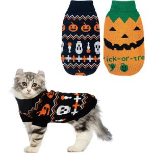 Vehomy 2Pcs Pet Halloween Sweaters Dog Halloween Pumpkin Sweater Kitten Cat Holiday Theme Turtleneck Knitwear Shirt with Pumpkin Skull Patterns Dog Puppy Halloween Costume Clothes for Small Dogs XS