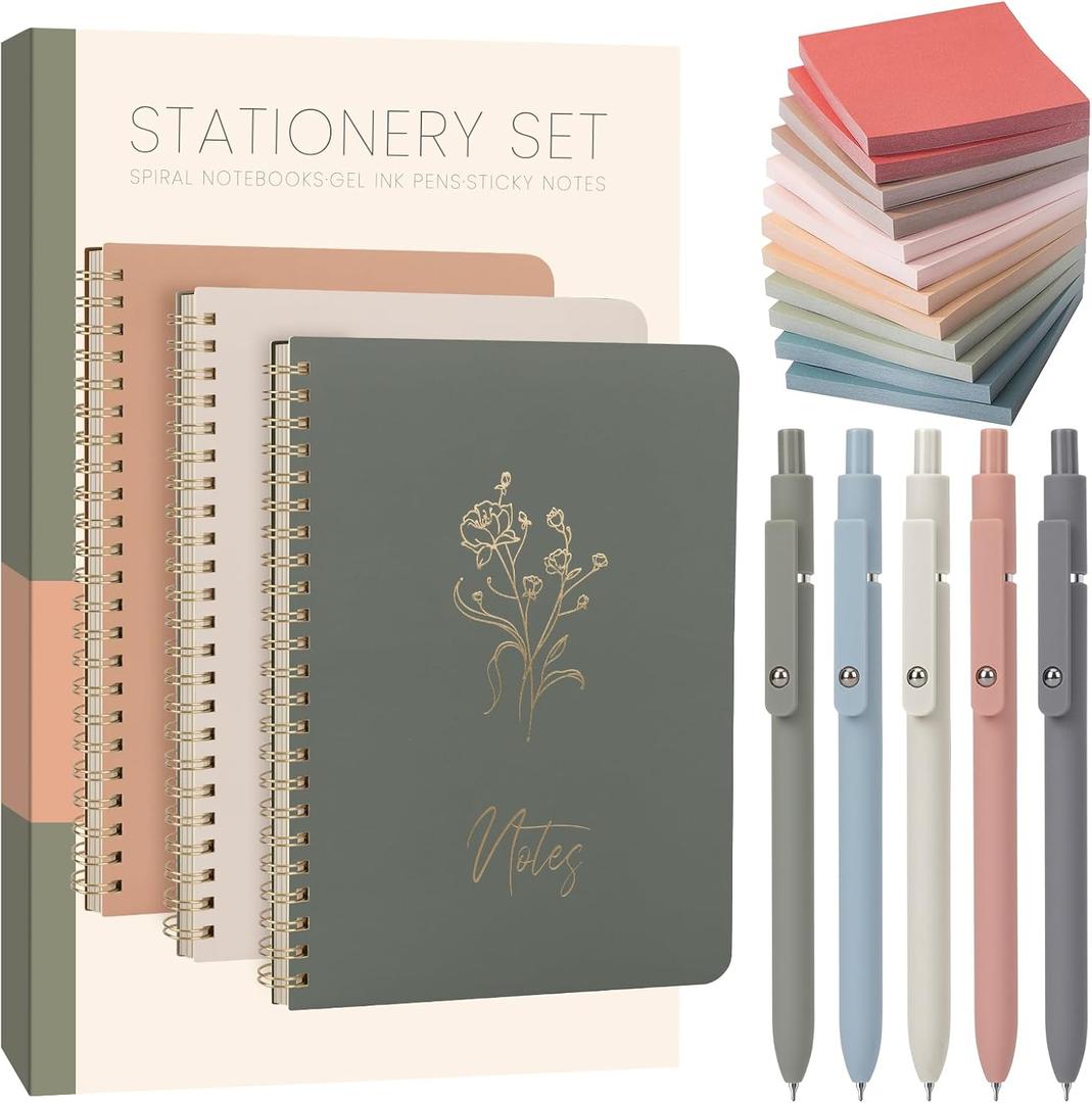 Cute Spiral Notebook Set For Women, Bible Journal Set, 3 Pack A5 Spiral Notebook + 5 PCS Gel Pens + 600 Sticky Notes + Gift Box, Aesthetic Gift Set for Work Students School Office Supplies (Simple & Elegant Aesthetic Set-Morandi)