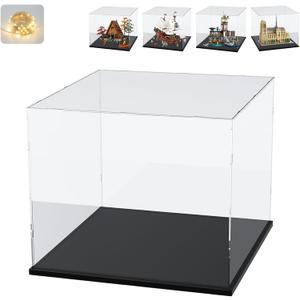 Thickened Clear Acrylic Display Case for Lego 60419 31109 21061 21338 76435 76294, Transparent Box Large Dustproof Protection with Wood-Plastic Base & String Light, Black Inside 19.7x11.8x15.7inch (19.7 x 11.8 x15.7 inch Internal)