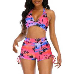 Womens High Waisted Swimsuits with Boy Shorts Brazilian Triangle Top Stripes Halter Bikini Two Piece Bathing Suits, Size: M