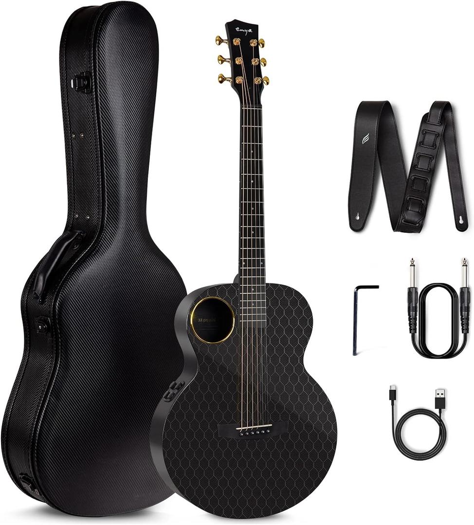 Enya Carbon Fiber Acoustic Electric Guitar X4 Pro Mini AcousticPlus 36 3/4-Sized Guitar Bundle with Hard Case, Leather Strap, Instrument Cable & USB Type-C Charging Cable(X4 PRO MINI)