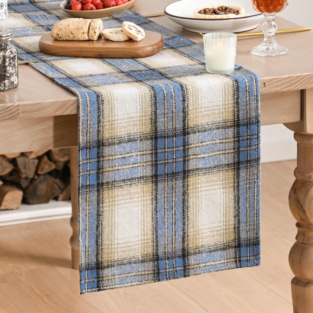 Artoid Mode Blue Light Coffe Farmhouse Plaid Spring Table Runner, Winter Rustic Holiday Check Kitchen Dining Table Decoration for Home Party Decor 13x60 Inch