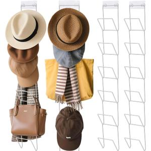 12 Pack Hat Organizer with 2 Hooks, Wig Holder for Multiple Wigs, Cowboy Hat Rack for Wall, Door, Closet (White)