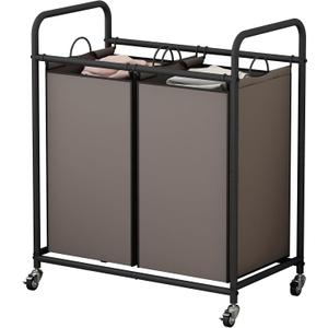 SUOERNUO Laundry Sorter Basket 2 Bag Laundry Hamper Cart with Rolling Lockable Wheels and Removable Bags Laundry Organizer Cart for Clothes Storage, Assorted (Brown)