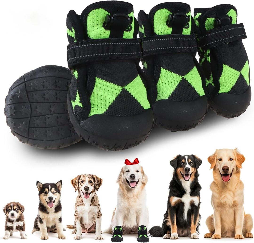 Dog Shoes for Large Small Medium Dogs,Waterproof Dog Boots & Paw Protectors with Breathable Mesh for Summer Hot Pavement,Anti-Slip Dog Booties for Hiking Hardwood Floors Winter Snow (Green-3)
