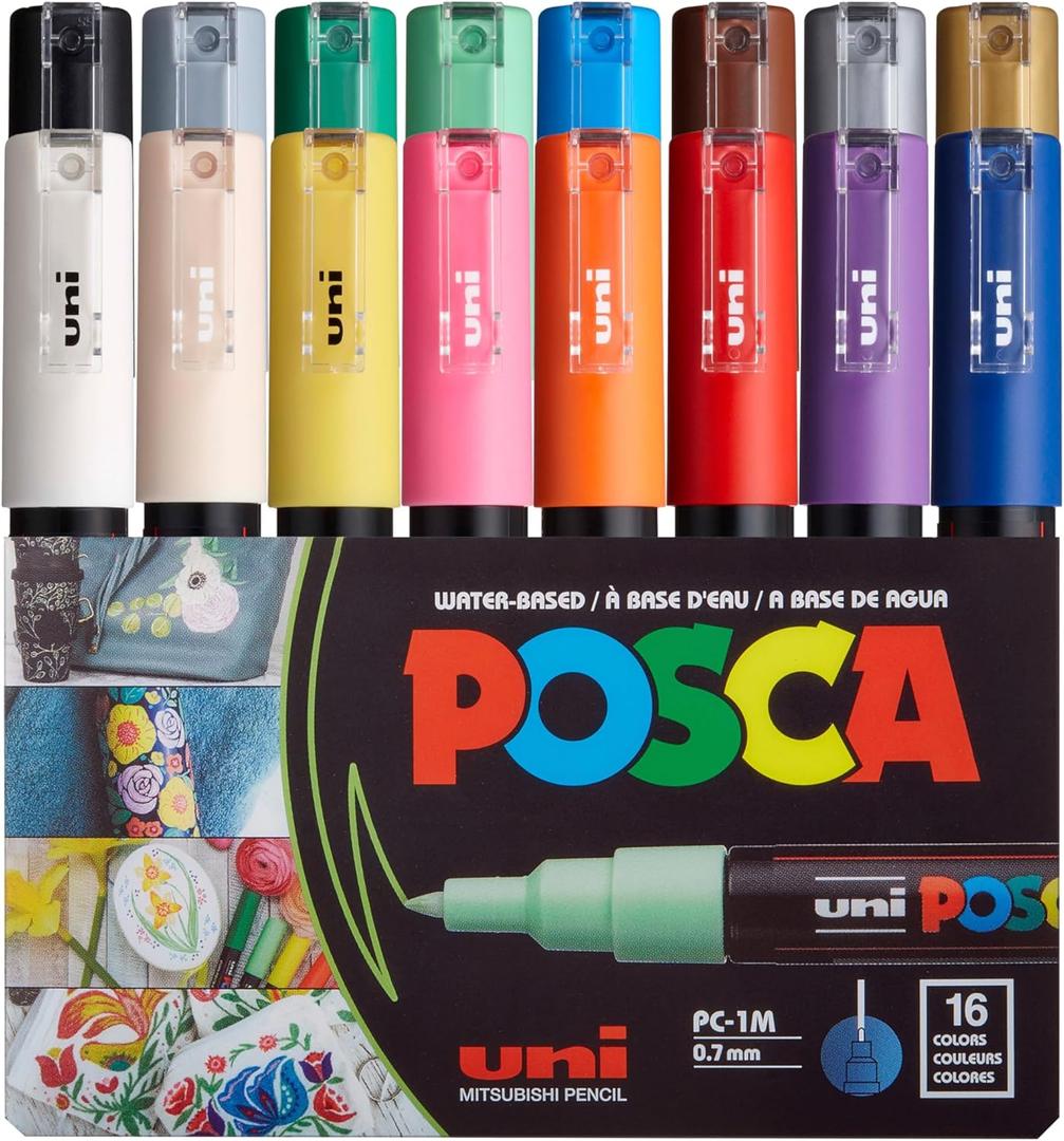 uni POSCA PC-1M Water-Based Paint Markers, Extra Fine Tip (0.7mm), Assorted Colors, 16 Pack