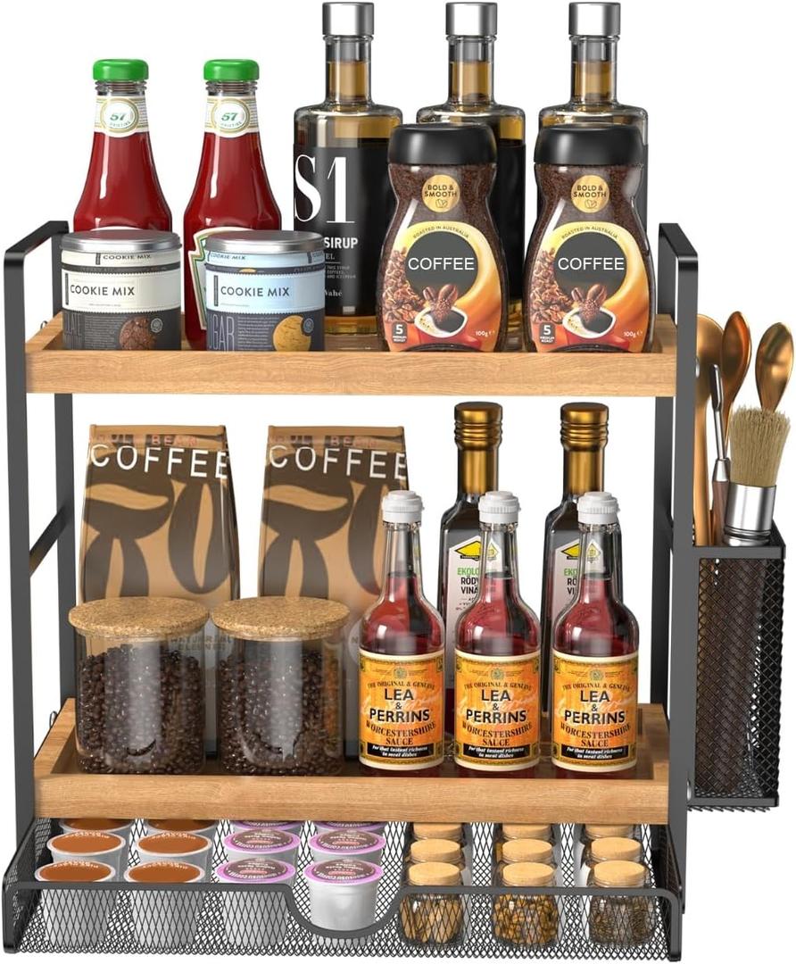 2 Tier Spice Rack Organizer for Countertop with Drawer and Basket, Suitable for Coffee Organizer, Kitchen Counter Storage, Bathroom Storage (Brown)