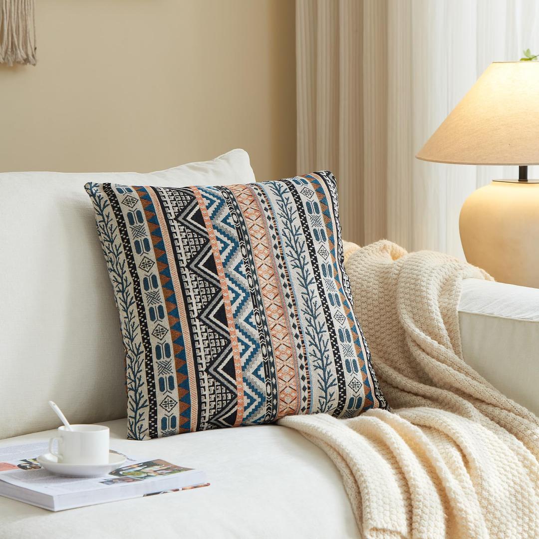ZERALIVEN Boho Throw Pillow Covers 18x18 Set of 2 - Cotton Linen Decorative Pillows for Couch, Rustic Farmhouse Cushion Covers for Living Room Bed Sofa, Soft Holiday Accent Decor, Sky Bloom