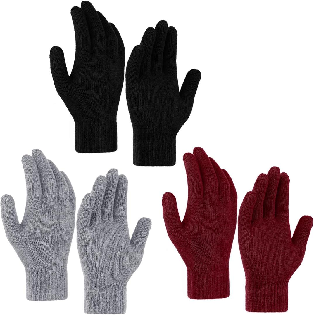 3 x Glooarm 3 Pairs Winter Gloves for Men Women Thick Cashmere Magic Winter Gloves Knit Stretchy Mittens Unisex Adults Gloves (Medium, Black, Middle Gray, Burgundy)