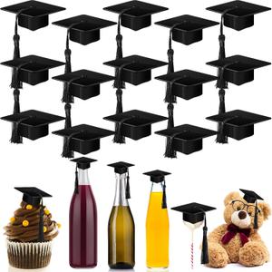 Qunclay 30 Pieces Mini Graduation Cap Black Hats with Black Tassels Plastic Grad Cake Pops Cover Toppers for Graduation Party Decorations