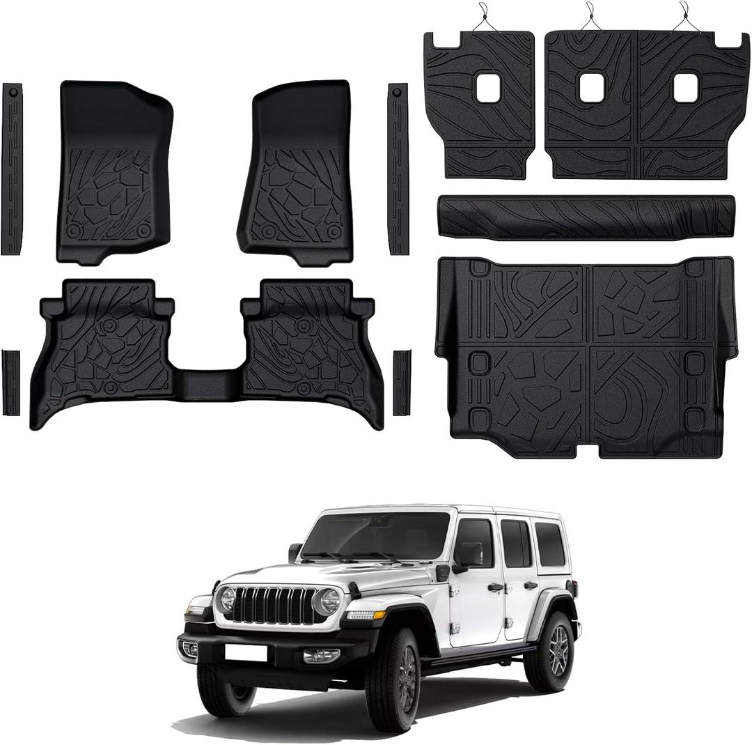 Floor Mats for Jeep Wrangler JL 4XE 4-Door 2021-2025 2026, All Weather Floor Mats Trunk Cargo Liner with Backrest Protectors and Door Sill Guards Accessories, Full Coverage Set