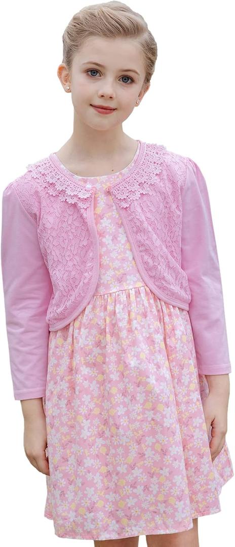 SMILING PINKER Little Girls' Long Sleeve Lace Bolero Cardigan Shrug (Pink, XS)