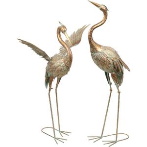 TERESA'S COLLECTIONS Garden Decor, Set of 2 Cranes Garden Decor, 33-39", Elegant Cranes with Golden Painting, Waterproof Metal Garden Statue, Herons Gifts Birthday Gifts for Women Mom