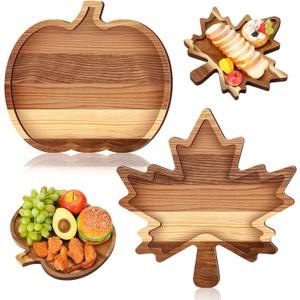 2 Pcs Fall Charcuterie Board Fall Wooden Platters Thanksgiving Serving Platters and Trays Cheese Wood Plate Food Serving Board for Fruit Charcuterie Party (Pumpkin, Maple Leaves)