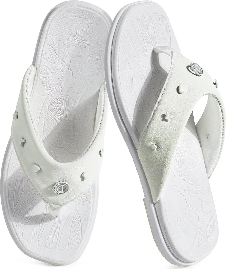 ONCAI Women's Flat Studded Flip Flops Summer Beach Trendy Dressy Walking Sandals with Outdoor Rubber Sole US Size 6-11 (White)