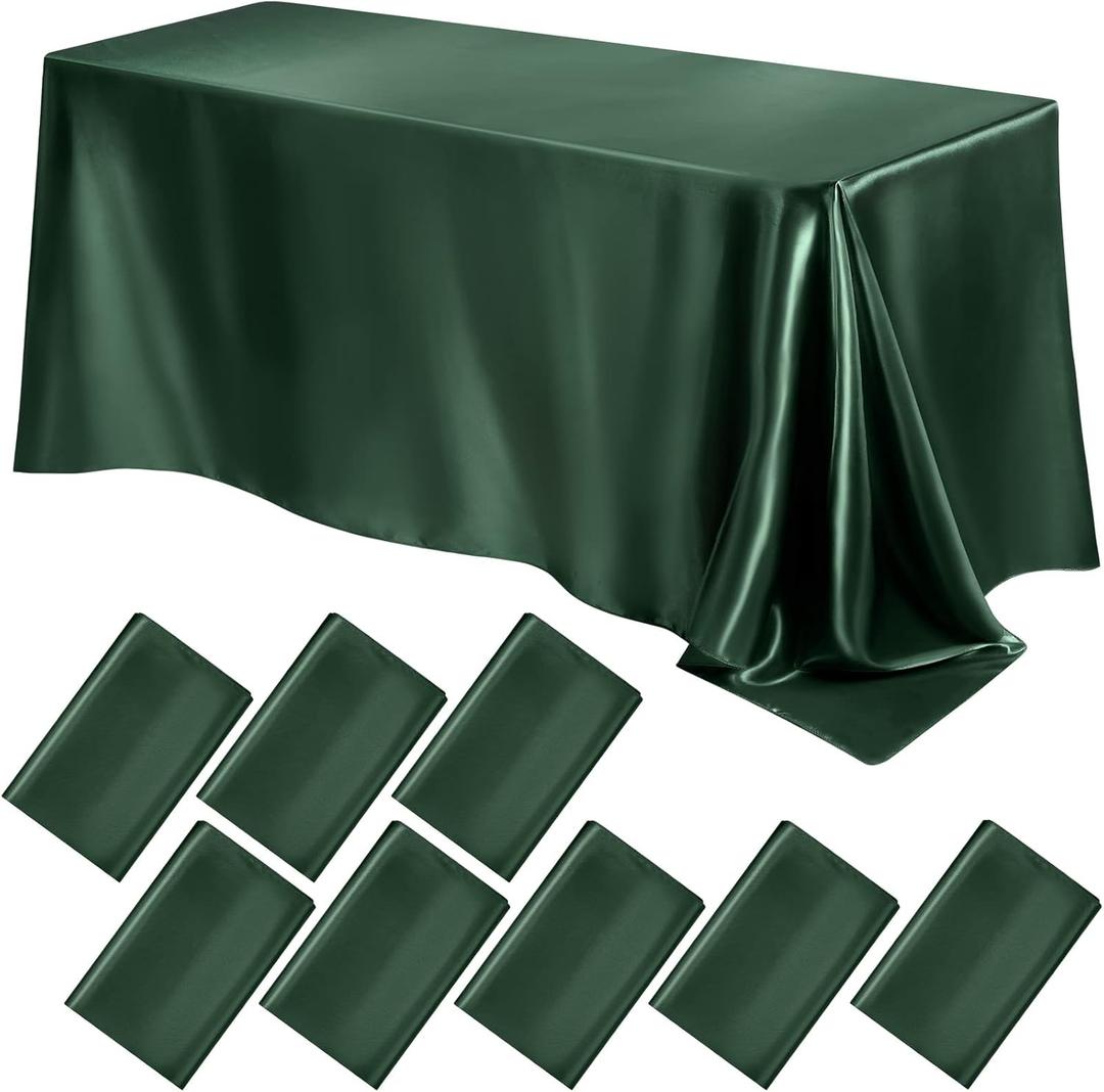 Lounsweer 8 Packs Satin Tablecloth 102 x 58 Inches Rectangle Table Cover Silk Smooth Fabric Party Table Cloth for Rectangle Parties, Holiday Dinner Wedding Banquet Decoration (Dark Green)