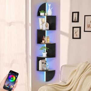 Corner Shelf, 5 Tier Bookshelf with LED Light, Corner Shelf Wall Mounted, Floating Shelves for Wall, Display Stand for Bedroom, Living Room, Bathroom, Home, Office, Black