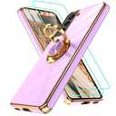 Gritup for Samsung Galaxy S21 Plus Case: with 2Pcs Screen Protector, 360° Rotation Ring Holder Magnetic Kickstand Plating Gold Edge Soft TPU Shockproof Protective Cover for S21 Plus, Light Purple