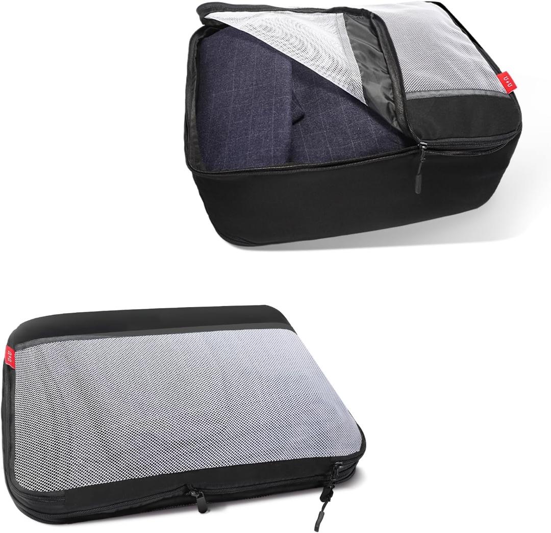 Compression Packing Cube for Travel Essentials,1 Pack Compressible Mesh Packing Cubes for Carry on Suitcase 20 inch,Lightweight & Expandable Luggage Organizers by U+U(Large,Black)