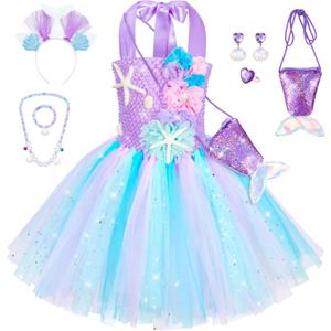 Little Mermaid Tutu Dress for Girls - Princess Mermaid Ariel Costume with Accessories (7-8 Years, Light Purple)