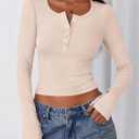 PRETTYGARDEN Women's 2025 Summer Long Sleeve Henley T Shirts Ribbed Knit Button Slim Fitted Basic Casual Going Out Fall Tops (Beige, L)