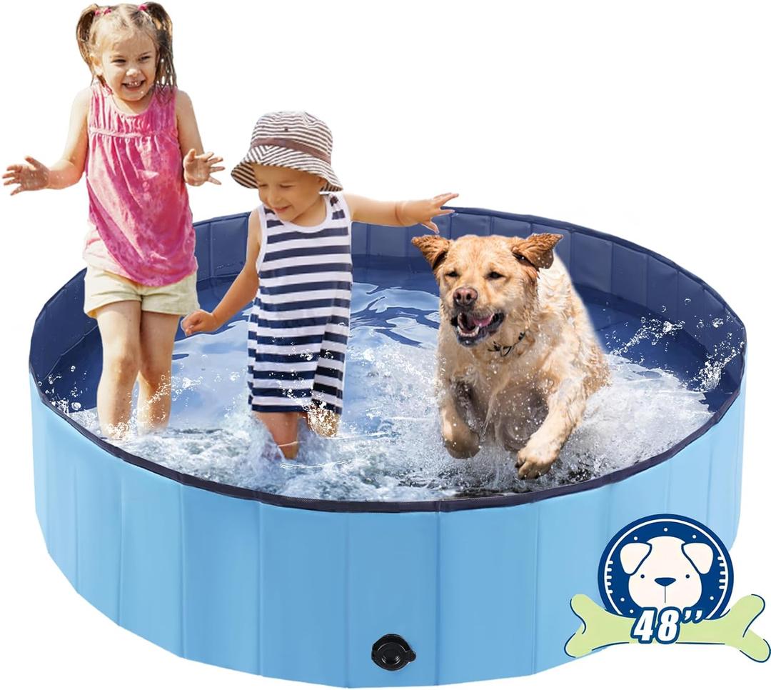 Eooqi Foldable Dog Pool, Portable Pet Bath Tub and Kiddie Swimming Pool, Collapsible Bathtub for Puppies, Small, Medium and Large Dogs, Cats and Kids, 48 x 12 in, Blue