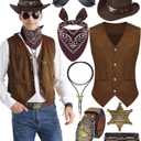 8 PCS Mens Western Cowboy Costume Set with Cow Vest & Hat Retro Accessories Halloween Party Cosplay (X-Large, Darkbrown)