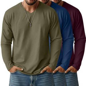 Ficerd 3 Pack Big and Tall Shirts for Men V Neck Cotton Long Sleeve Tee L-7XL Casual Loose Tops Oversized Basic T Shirts