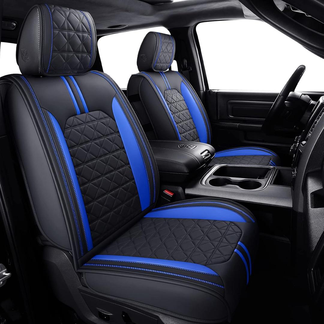 YIERTAI for Dodge RAM Seat Covers fit 2009-2025 2026 1500HD 2010-2026 2500/3500HD Crew Double Quad Rebel Cab Laramie Big Long Horn Rebel Tradesman Leather Seat Covers(5 PCS Full Set/Black-Blue)