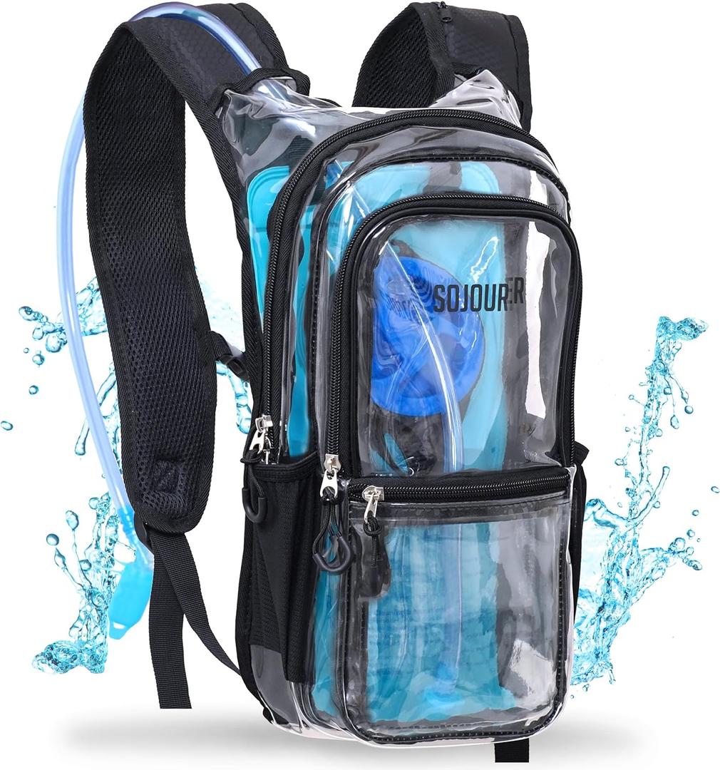 Sojourner Hydration Pack, Hydration Backpack - Water Backpack with 2l Hydration Bladder, Festival Essential - Rave Hydration Pack Hydropack Hydro for Hiking, Running, Biking, Festival Gear (Clear Transparent)