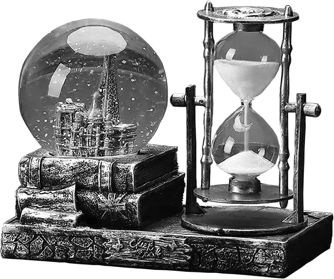 LED Music Snow Globe with Hourglass Vintage Castle Paris Eiffel Tower Home Decoration for Living Room Bedroom Book Shelf TV Cabinet Desk Table Top Decor Centerpieces Ornaments (A - Silver)
