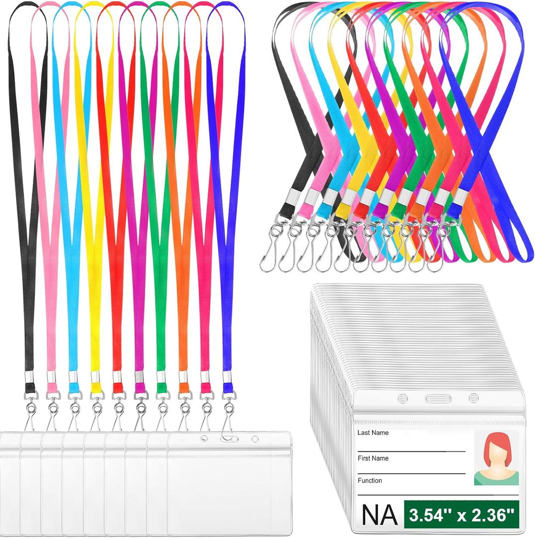 Honoson 100 Sets Name Tag Lanyards Bulk for Kids with ID Badge Holder Clear Plastic Horizontal Cruise Necklace Lanyard for Classroom Adults Kids Business School Keys (Multicolor)