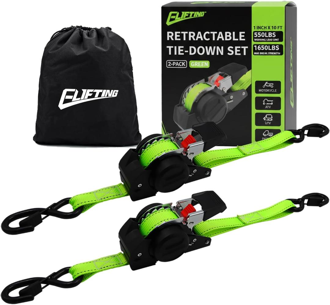 Retractable Ratchet Straps 2 Pack, 1 In X 10 Ft Tie Downs, Green | Auto Self Retracting, 1650 Lbs Break Strength, Reflective Stitching, Rubber Coated S-Hooks, For Motorcycle And ATV