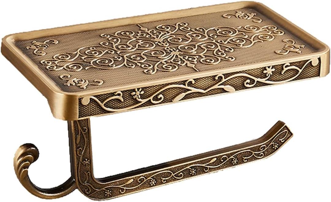 Vintage Carved Floral Toilet Paper Holder with Shelf - Antique Brass Finish Aluminum Bathroom Organizer, Wall Mounted Decorative Roll Holder for Bathroom/Vanity (7.24" Phone Shelf)