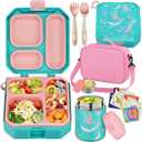 Bento Lunch Box for Kids with 12oz Soup Thermo Leak-Proof Lunch Food Container with 5 Compartment Thermo Hot Food Jar and Insulated Lunch Bag for Kid Toddler Girls Boys to School (Green - Mermaid)