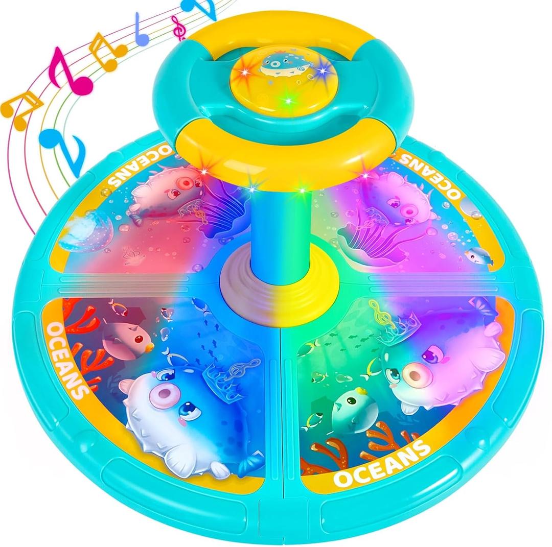 Sit and Spin, Christmas Birthday Gift Toddlers Sit and Spin Toy for 1-2 3 4 Years Old Girl Boy, 360 Ocean Interactive Sensory Spinning Toys for Ages 2-10 Kids LED & Sound with Free Stickers