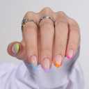 BTArtbox Press On Nails Short - Soft Gel French Tip Press On Nails, Colorful Almond Glue On Nails, Reusable Stick On Nails in 16 Sizes, Neon Rainbow French