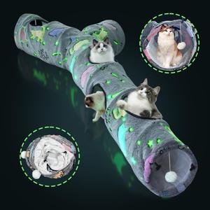 Cat Tunnels for Indoor Cats, Self-Luminous Cat Tunnel with Plush Ball, 3 Way Kitten Tunnel Collapsible, Cat Play Tunnel with Interactive Peephole for Large Cat, Puppy, Kitten