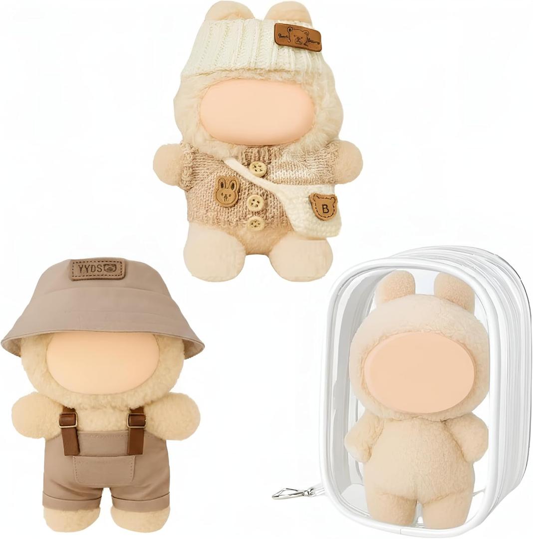 Soulchen 3 Pcs 17cm Clothes Set(No Doll) Hat & Overalls Set Knitted Clear Protective Case for Doll Exquisite Accessories