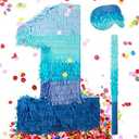 Number 1 2 3 4 5 6 7 8 9 Piñata with Stick Blindfold Confetti, Gradient Blue Piñata for Kids Birthday Party Large Blue Piñata for Boys Girls Birthday Anniversary Decoration Supplies(Number 1)