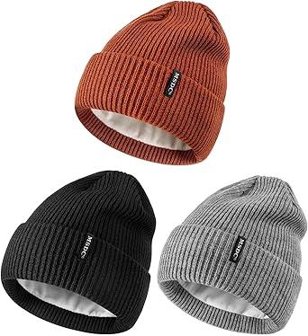 MSDC Beanies Women 3 Pack, Winter Hats for Women Men Fleece Lined Warm for Cold Weather, Beanie for Women Fashion Skull Cap (Black+Gray+Dark Orange)