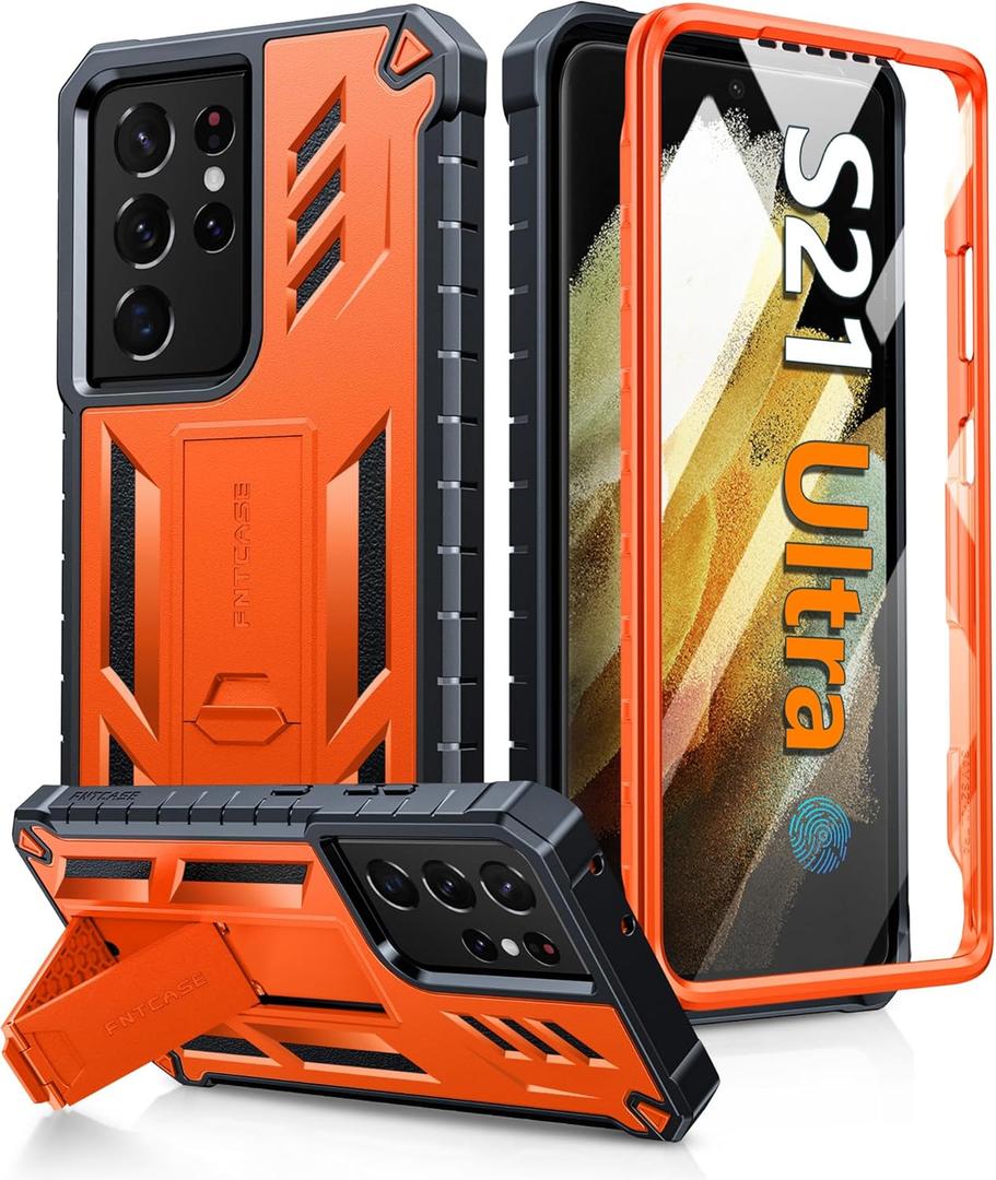 FNTCASE for Samsung Galaxy S21-Ultra Case: Military Grade Rugged Cell Phone Cover with Kickstand | Shockproof TPU Protection Bumper Matte Textured Design for Samsung S21 Ultra Cases 6.8 inches(Orange)