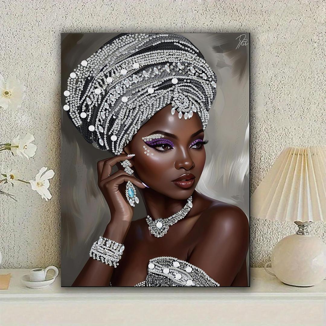 African Woman Diamond Art Kits for Adults,5D Partial DIY Diamond Painting kit for Beginners,Special Shaped Diamond Art,Sparkling gem Art,Diamond Mosaic Embroidery,wall Art Home Decor, 11.81x15.7inch