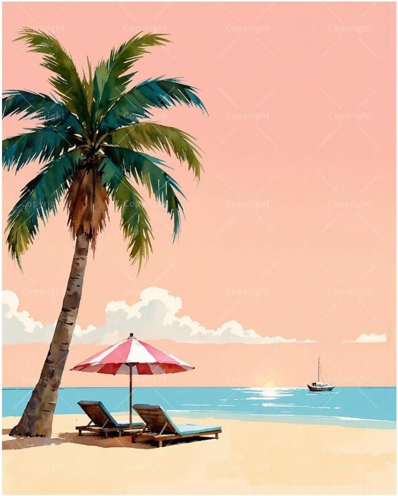 Seaside Paint by Numbers Kit for Adults - DIY Tropical Beach with Palm Tree Painting on Canvas 16x20, Acrylic Paint Set, Suitable for Beginners, Art for Home Decoration or Gifts